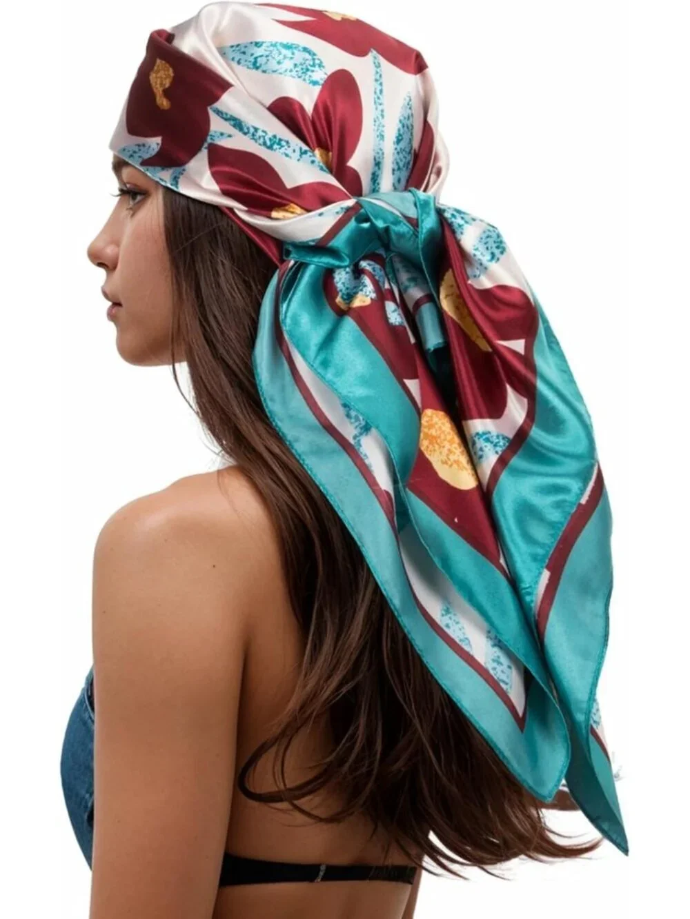 Women's Turquoise Red Printed Square Scarf Bandanas Hair Scarf 35 Inches